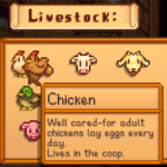 Captura de pantalla do videoxogo "Stardew Valley" onde se amosa un menú no que podes comprar animais vivos