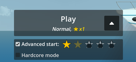 Captura do menú principal do xogo, onde se pode ver o botón de "Play" e, debaixo, un panel para seleccionar o modo de xogo: "Advanced start", cun selector do número de estrelas desexadas, e "Hardcore mode".