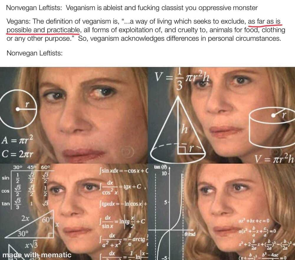 Meme que di:

"Nonvegan Leftists: Veganism is ableist and fucking classist you appressive monster.

Vegans; The definition of veganism is, "...a way of living which seeks to exclude, as far as is possible and practicable, all forms of exploitation of, and cruelty to, animals for food, clothing or any other purpose." So, veganism acknowledges differences in personal circumstances.

Non vegan Leftsits: (imaxe meme dunha muller pensando fortemente con ecuacións superpostas)"