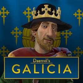 Imaxe promocional do mod: a cara do rei García II tal e como aparece no xogo, cunha bandeira medieval do reino de Galiza de fondo, rotulada co título "Daenvil's Galicia"